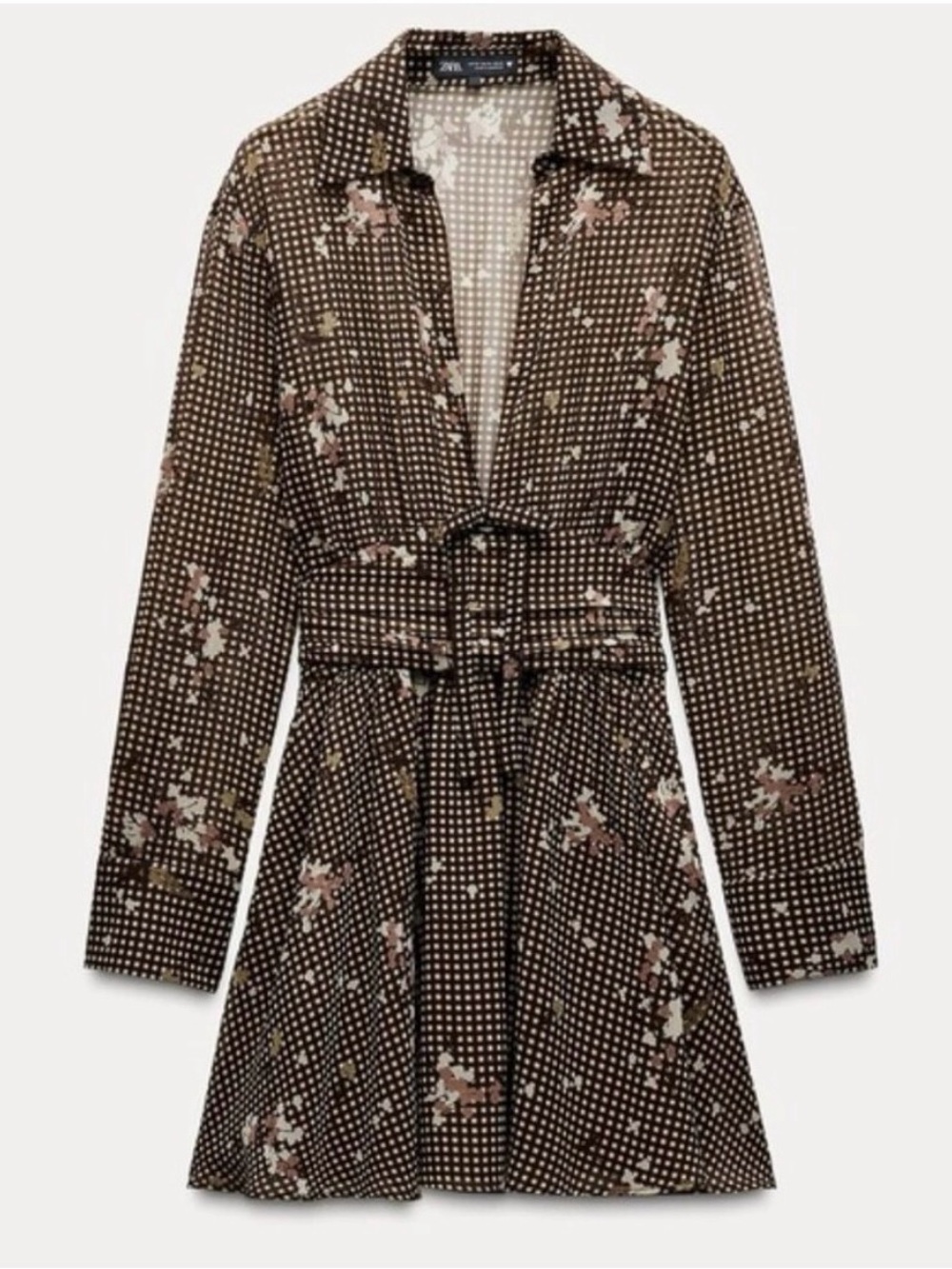 Zara Brown Gingham & Floral Long Sleeve Deep V-Neck Mini Dress - Picture 2 of 11